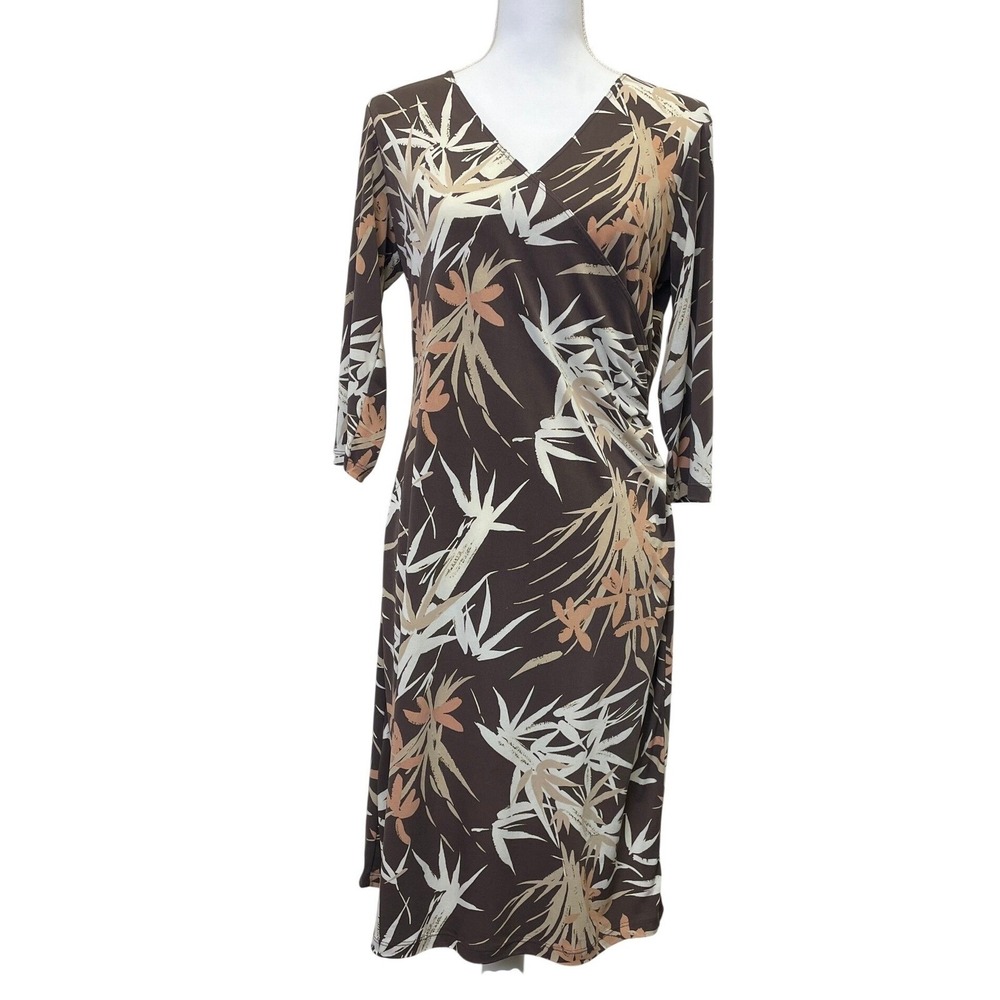 Vintage Merona Faux Wrap Brown Bamboo Leaf Print Dress Large V-Neck 3/4 Sleeve